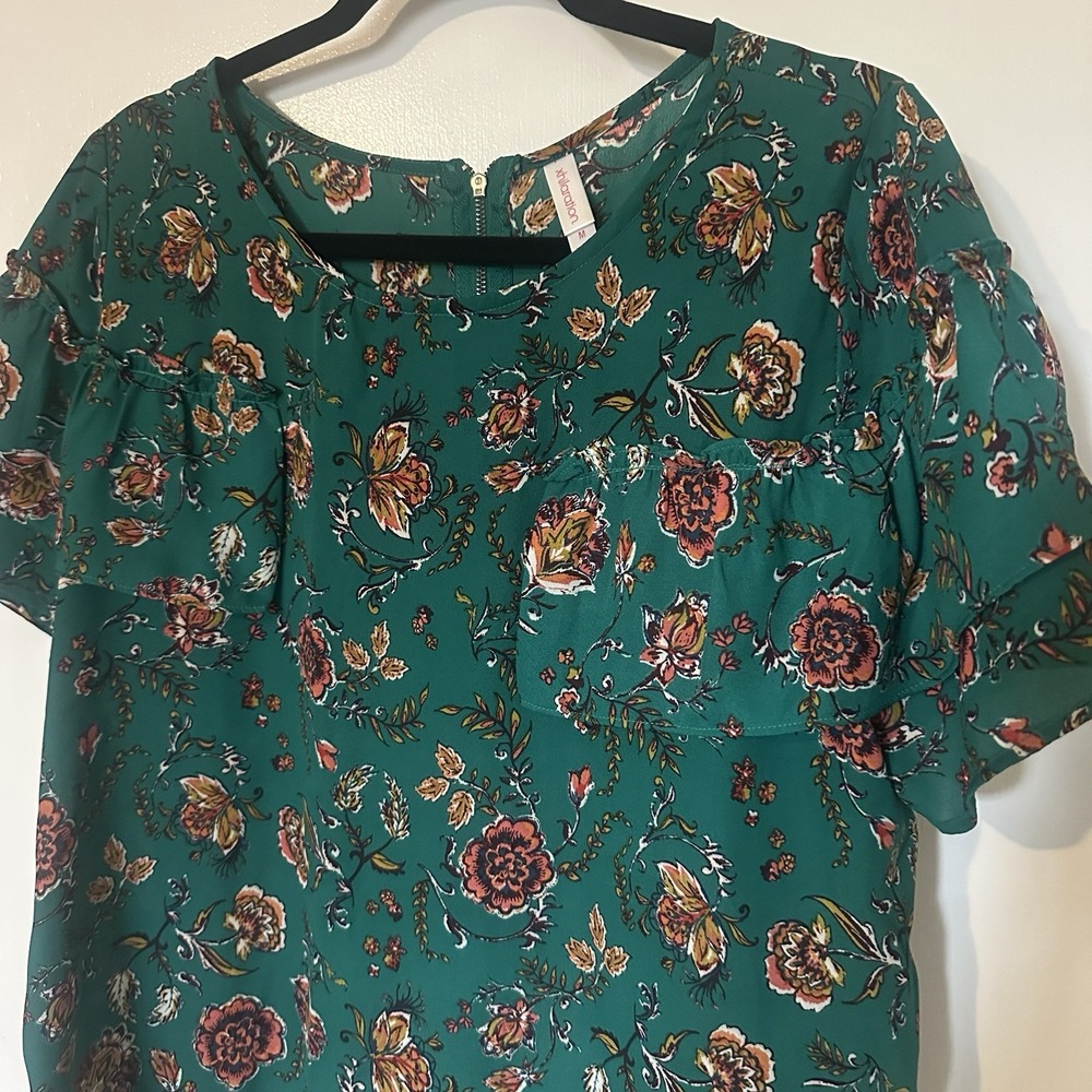 Xhilaration Green Floral Boho Blouse XXL‎ Ruffle Short Sleeve Top M Botcanical